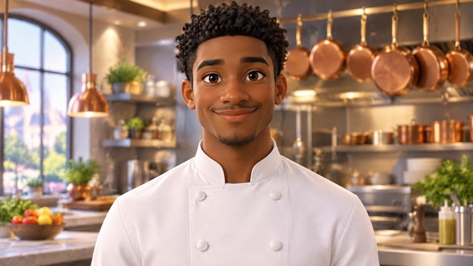 HeyGen Avatar IV input image: a 3D-rendered chef character in a kitchen, landscape