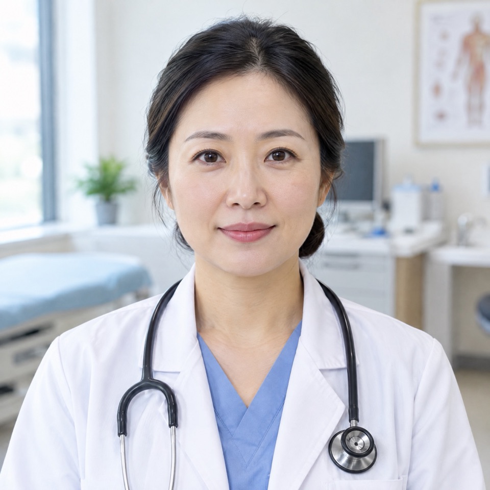 HeyGen Avatar IV input photo: a female doctor in a white coat with a stethoscope in an exam room, square half-body shot