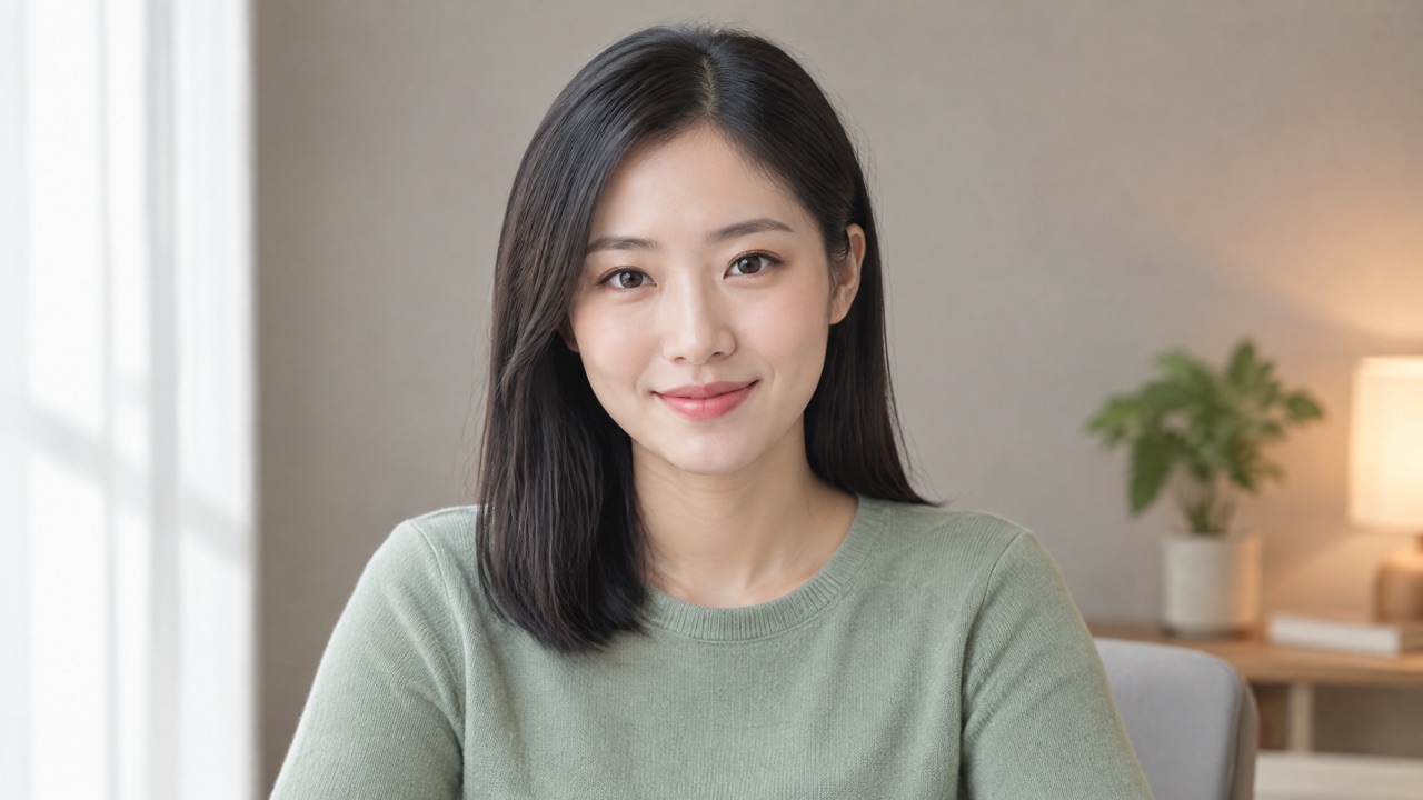 HeyGen Avatar IV input photo: a young woman named Lin in a sage-green sweater, sitting in a living room, landscape half-body shot