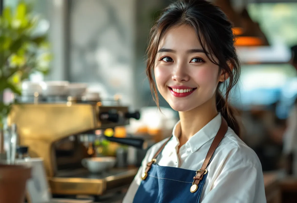 FLUX 1.1 Pro on hiapi — photorealistic portrait of a barista in a navy apron behind a brass espresso machine, soft window light, shallow depth of field