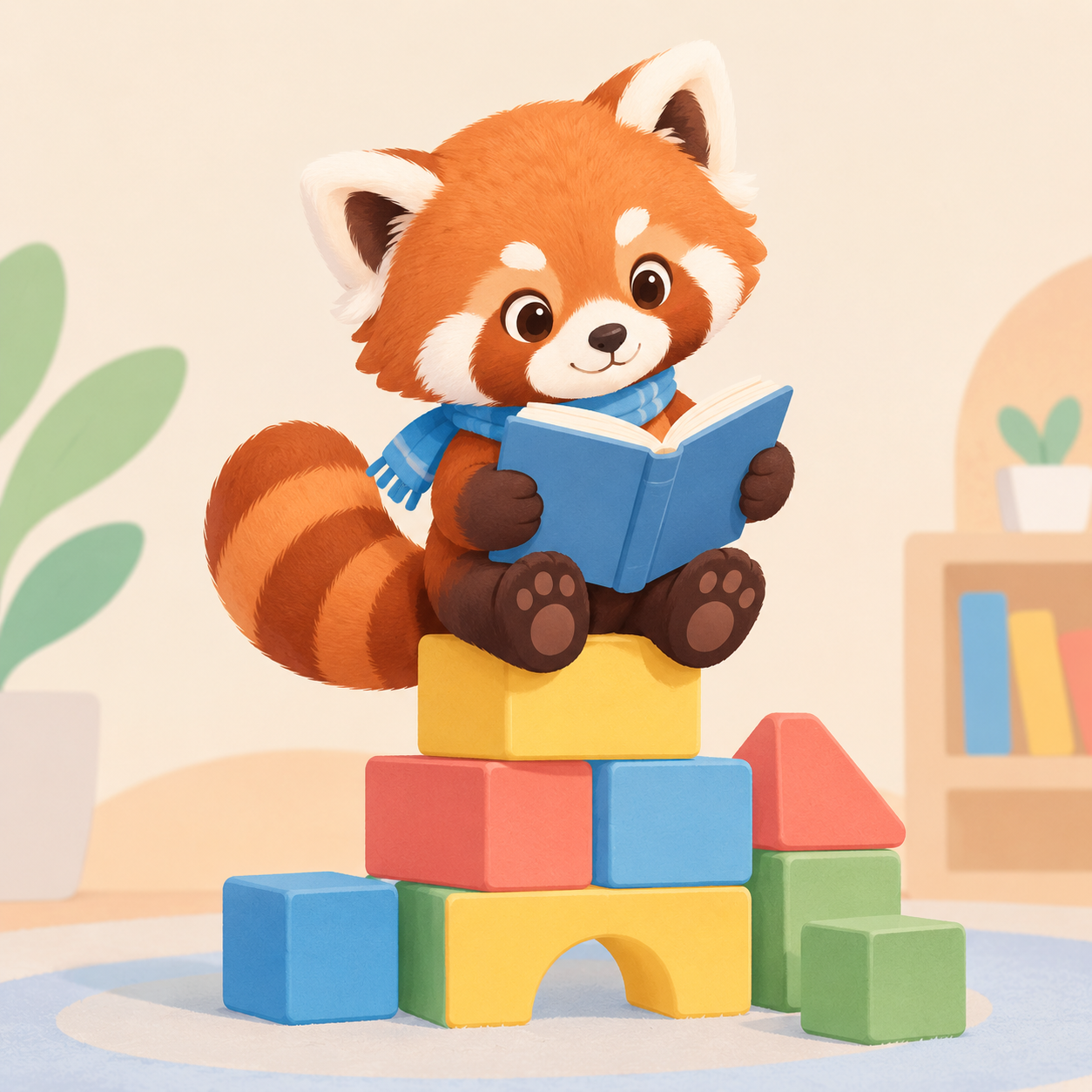 Sample output from gpt-image-2-beta: a red panda mascot reading a book, flat pastel illustration style