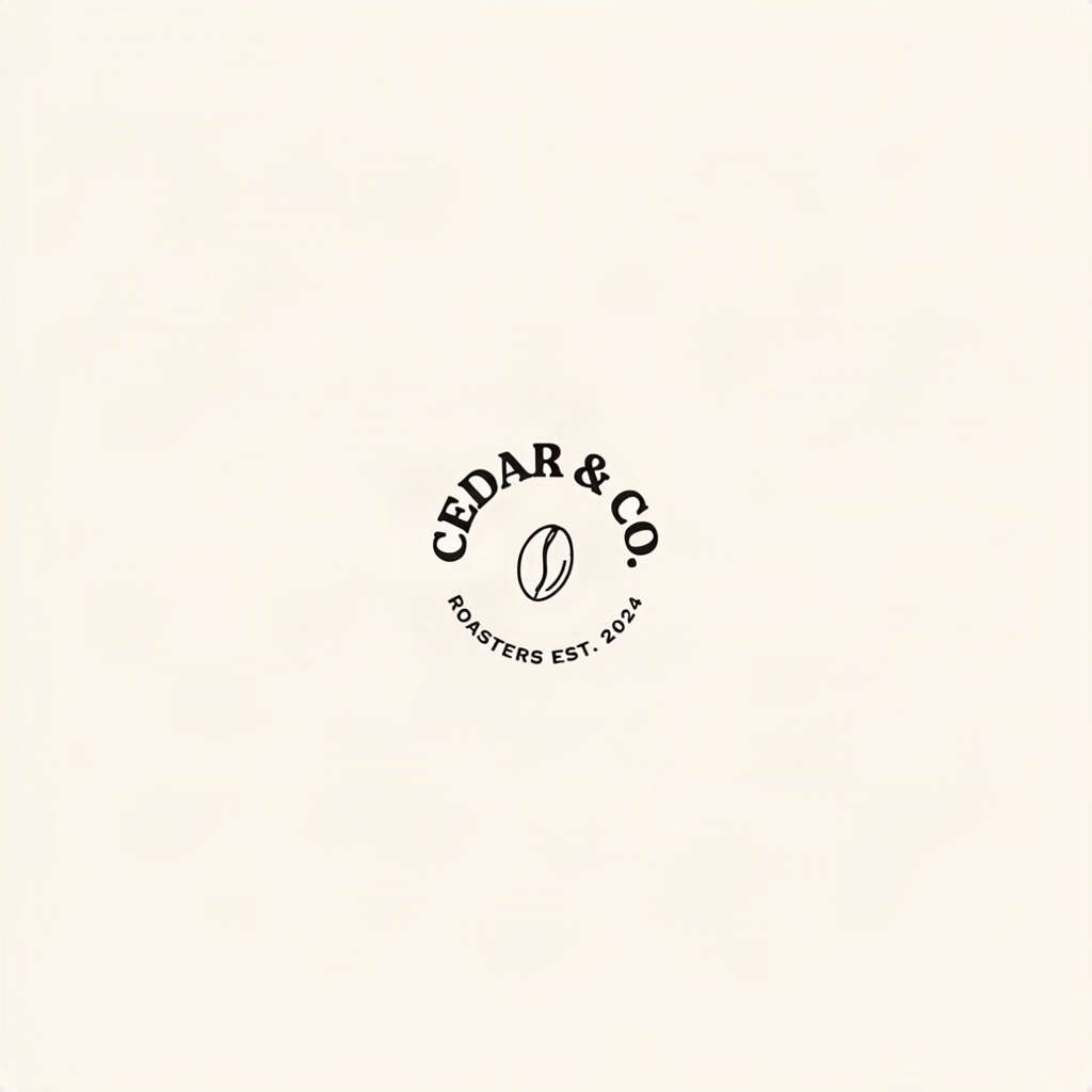 A minimalist circular coffee brand logo reading CEDAR & CO. and ROASTERS EST. 2024 with a line-art coffee bean icon