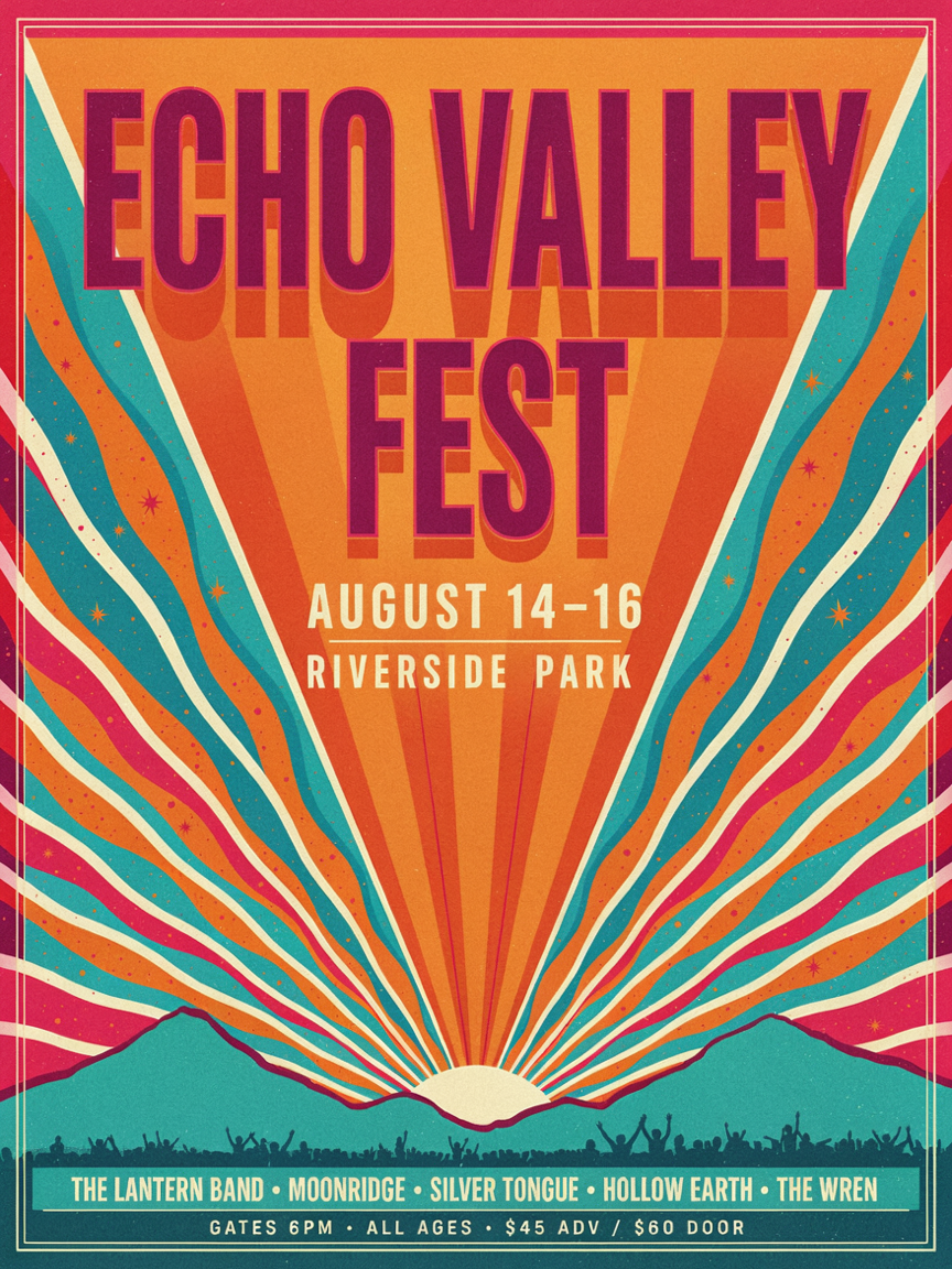 Ideogram v4.5 retro festival poster with the headline ECHO VALLEY FEST, the dates AUGUST 14-16, and RIVERSIDE PARK over a psychedelic sunburst