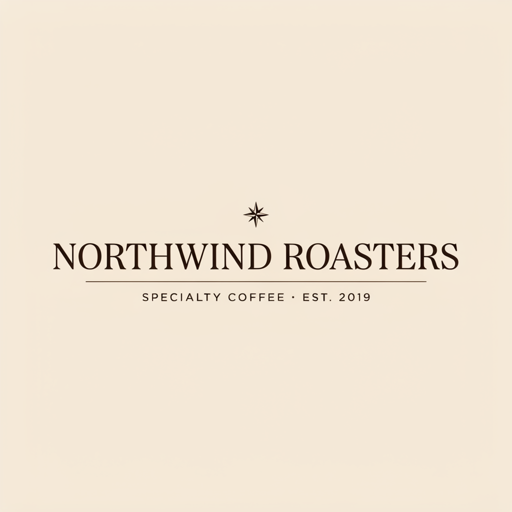 Ideogram v4.5 wordmark logo reading NORTHWIND ROASTERS in a serif typeface with a compass-rose icon above it on a cream background