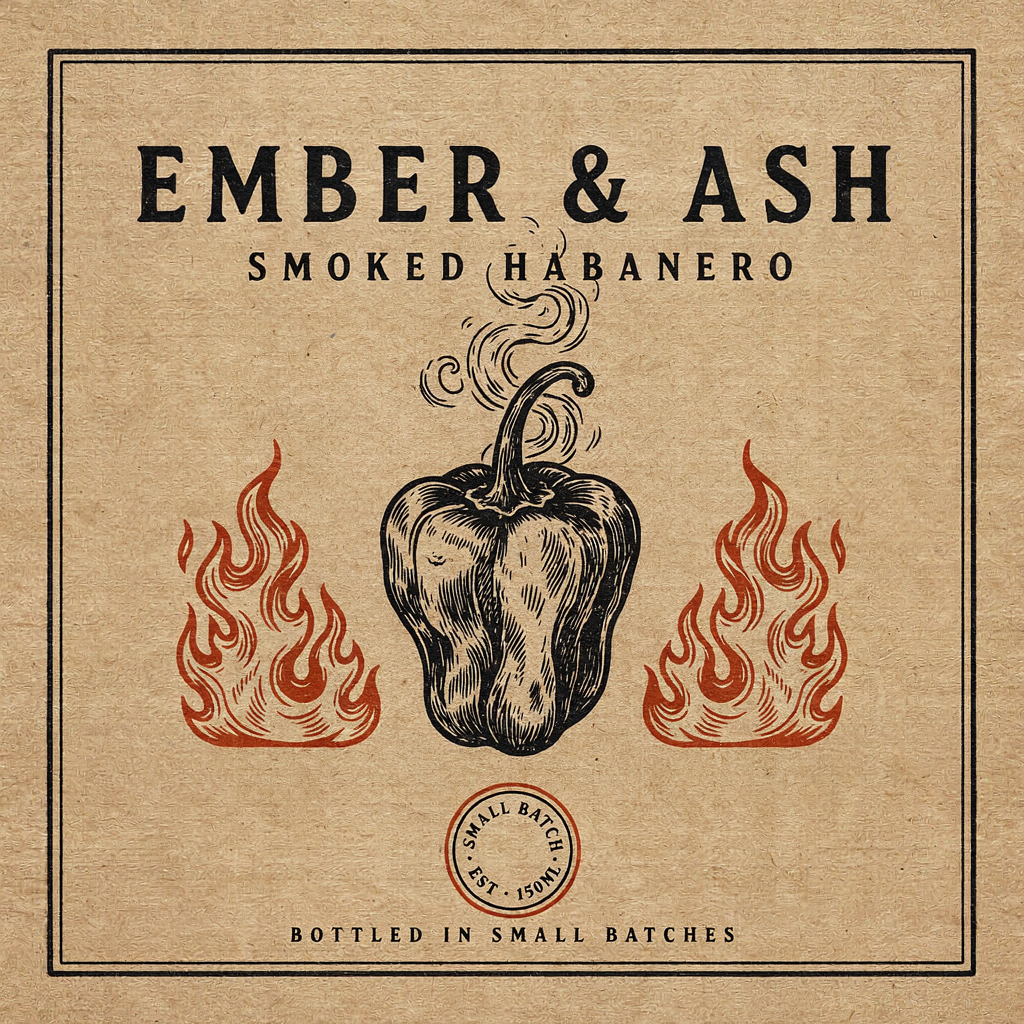 Ideogram v4.5 hot sauce label reading EMBER & ASH and SMOKED HABANERO with a woodcut habanero illustration on kraft paper