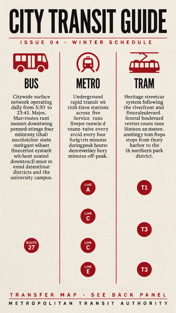 Ideogram v4.5 CITY TRANSIT GUIDE infographic at high quality, with sharp display type but hallucinated gibberish in the body paragraphs