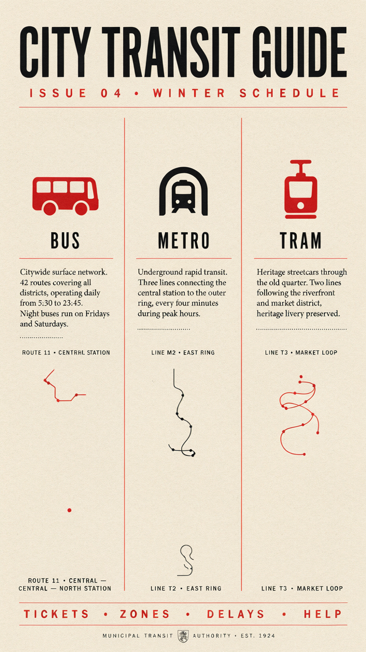 Ideogram v4.5 CITY TRANSIT GUIDE infographic at medium quality, with the subtitle now correctly reading WINTER SCHEDULE and clean body text