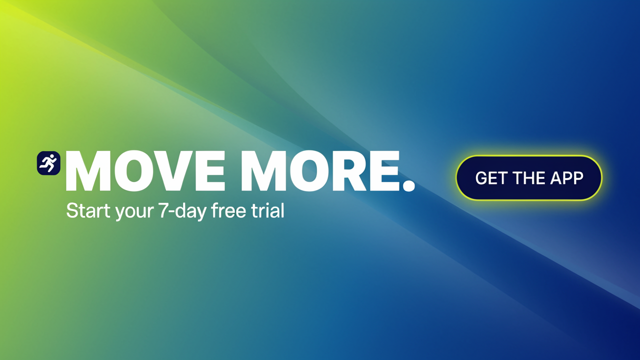 Ideogram v4.5 fitness app banner with MOVE MORE headline, a 7-day free trial subline, and a GET THE APP button on a lime-to-blue gradient