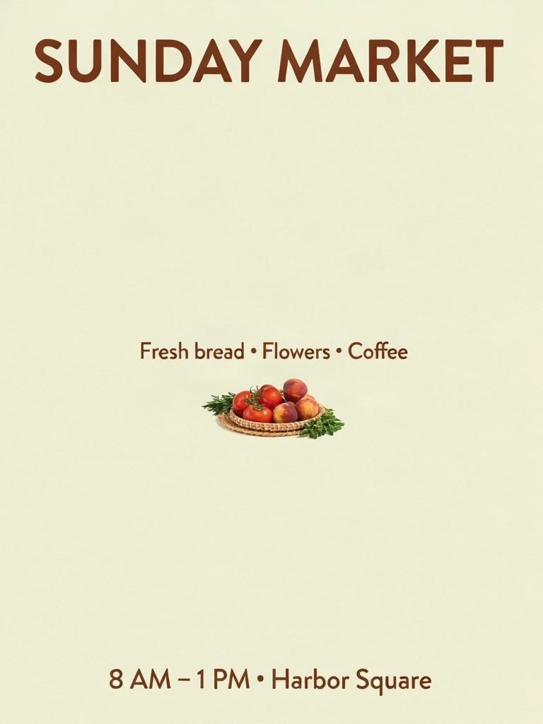 Ideogram V4 TURBO: bold brown SUNDAY MARKET headline, a small line of text and a full-color basket in the middle, time and place at the bottom