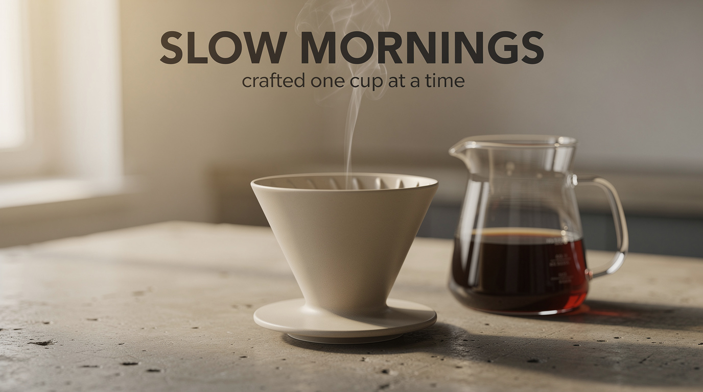 Imagen 3 alternative test, flux-2: a moodier pour-over coffee poster with a bold SLOW MORNINGS headline and faithful lowercase tagline