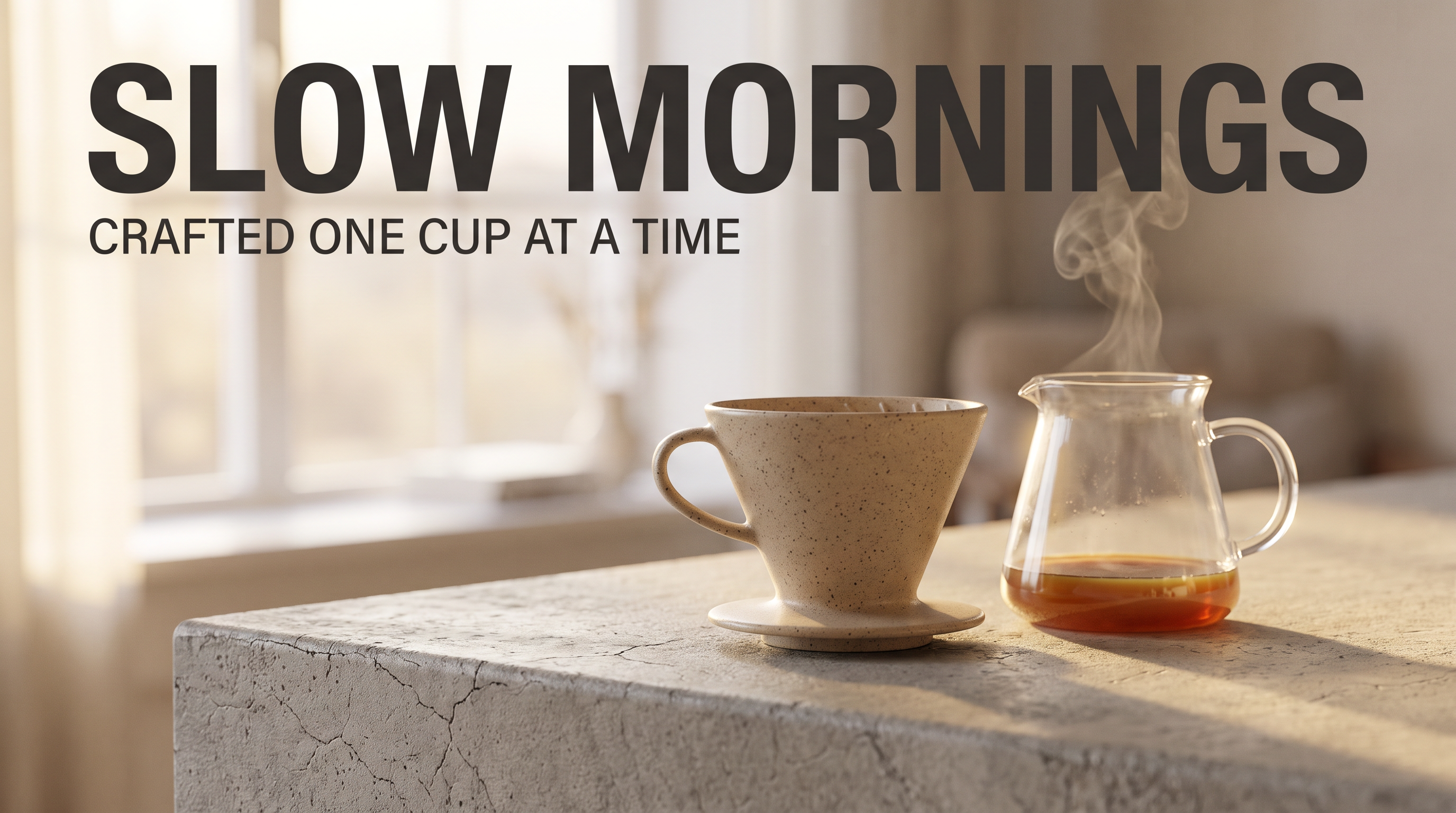 Imagen 3 alternative test, nano-banana-pro: a pour-over coffee poster with a clean sans-serif SLOW MORNINGS headline and legible tagline