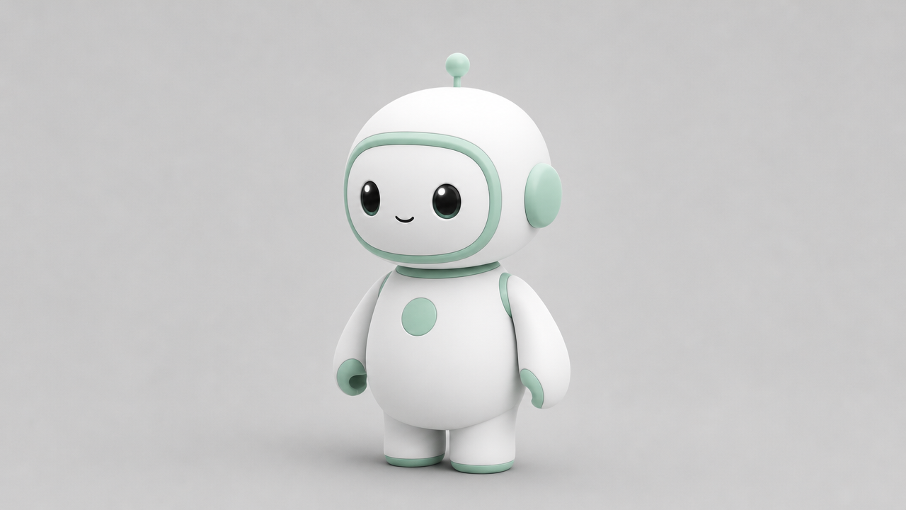 Robot mascot reference, three-quarter view