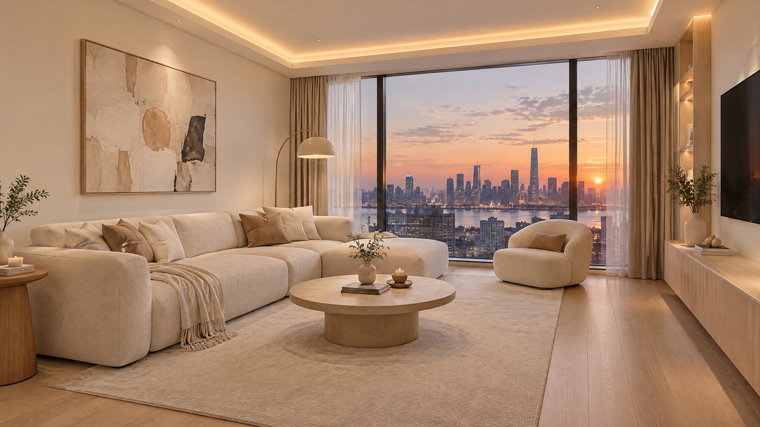 Start frame: a cream-toned living room at dusk with a city skyline outside the floor-to-ceiling window