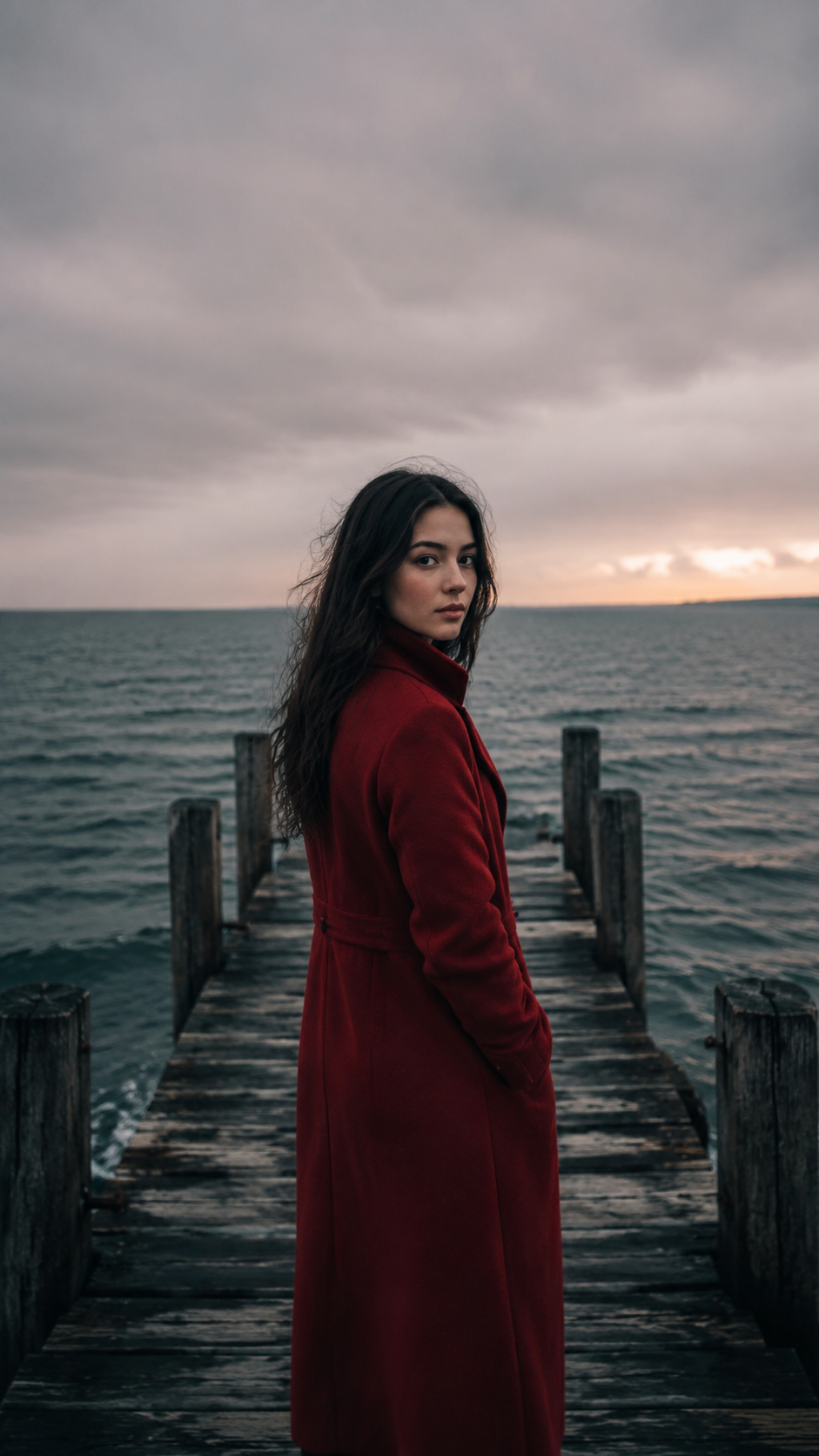 Woman in a red coat at the end of a pier, vertical