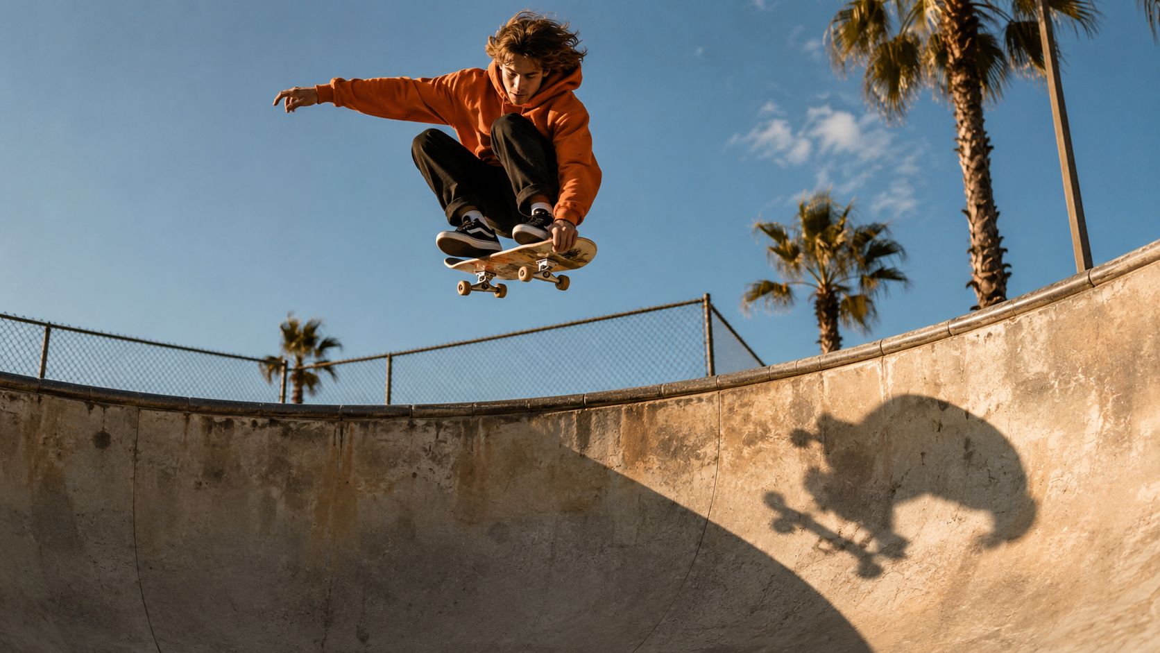 Skateboarder frozen mid-air above a concrete bowl