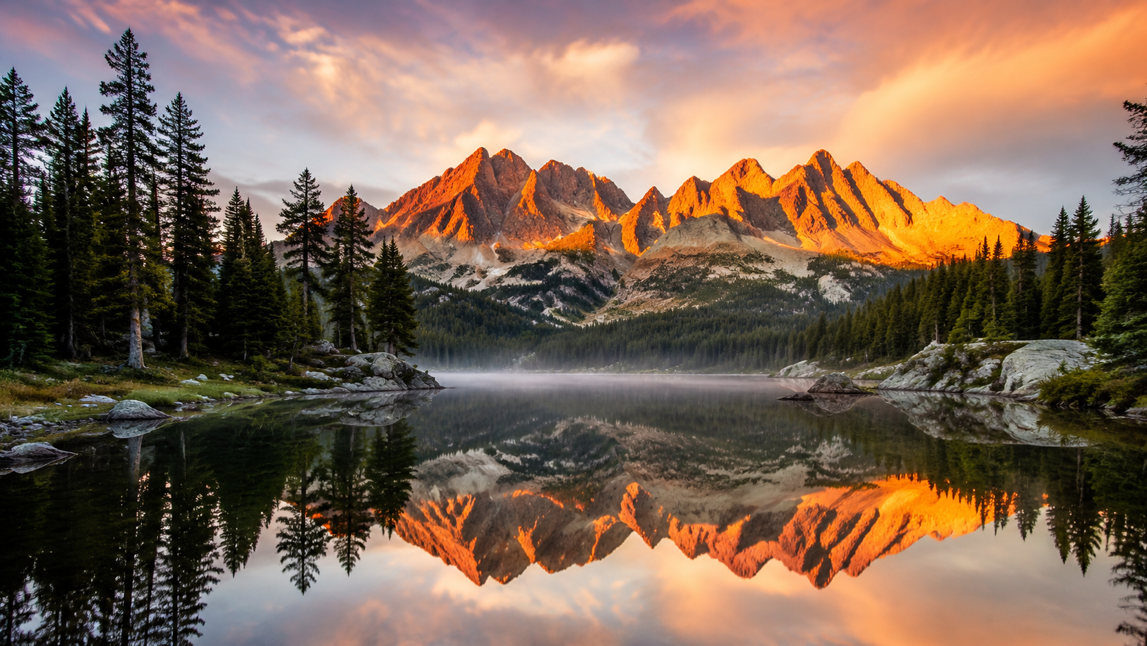 Alpine lake at golden hour, mirror-still