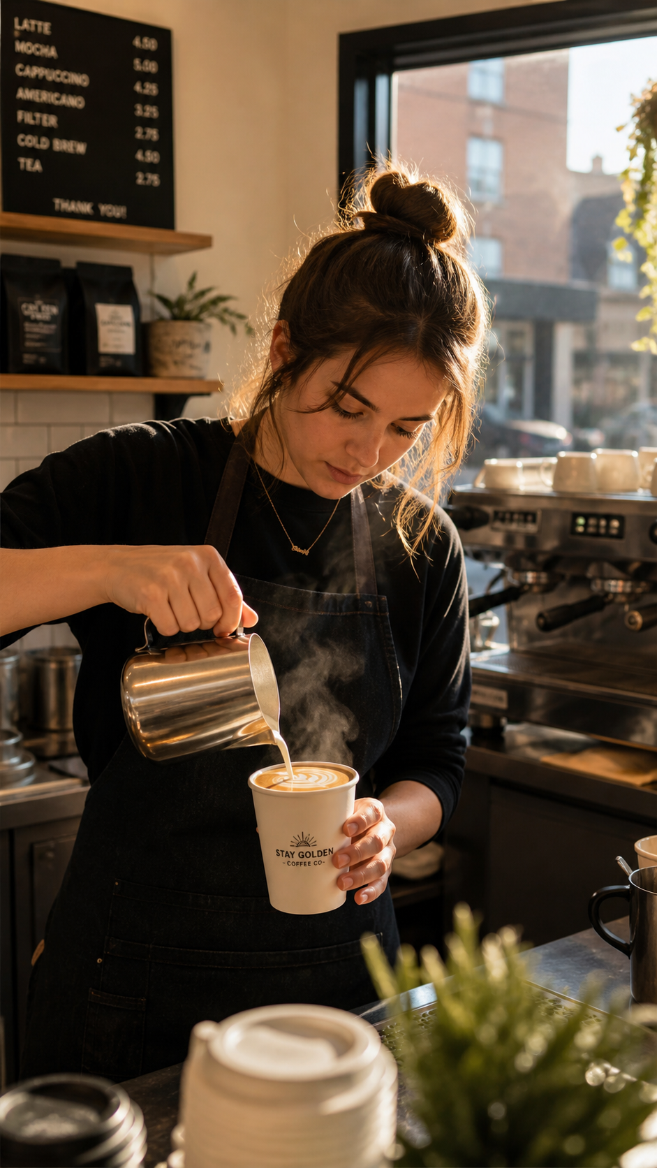 First-frame photo of a barista pouring latte art, used as the input image for Kling 3.0 Turbo image-to-video