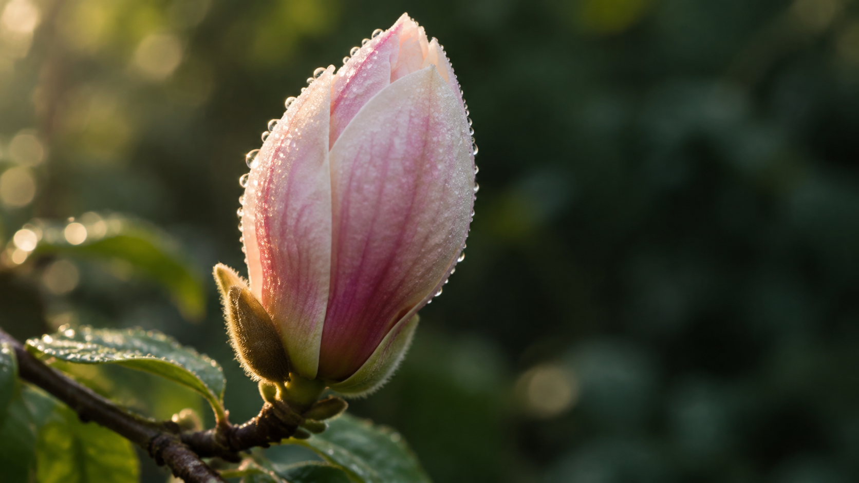 First frame — a closed magnolia bud at dawn