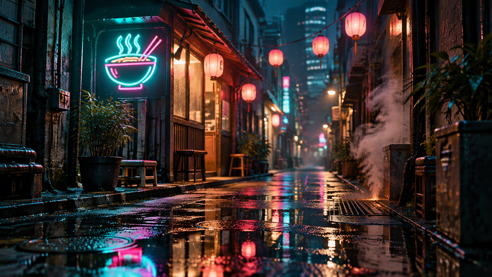 Rainy neon alley at night
