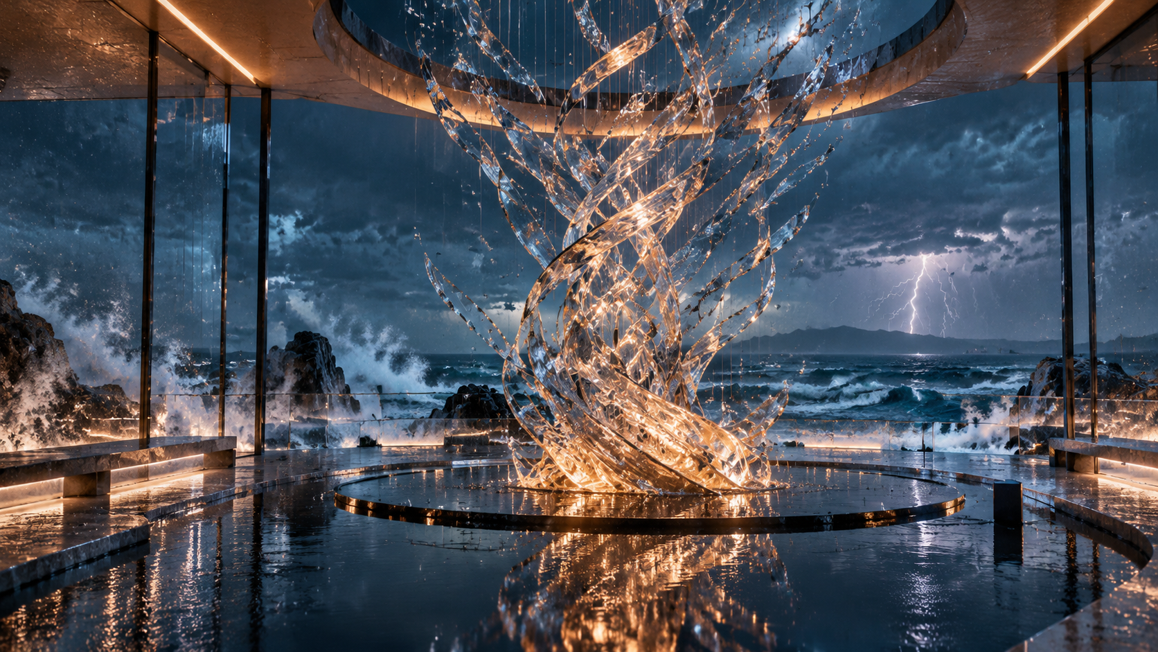 Hero frame — glass pavilion over a stormy ocean