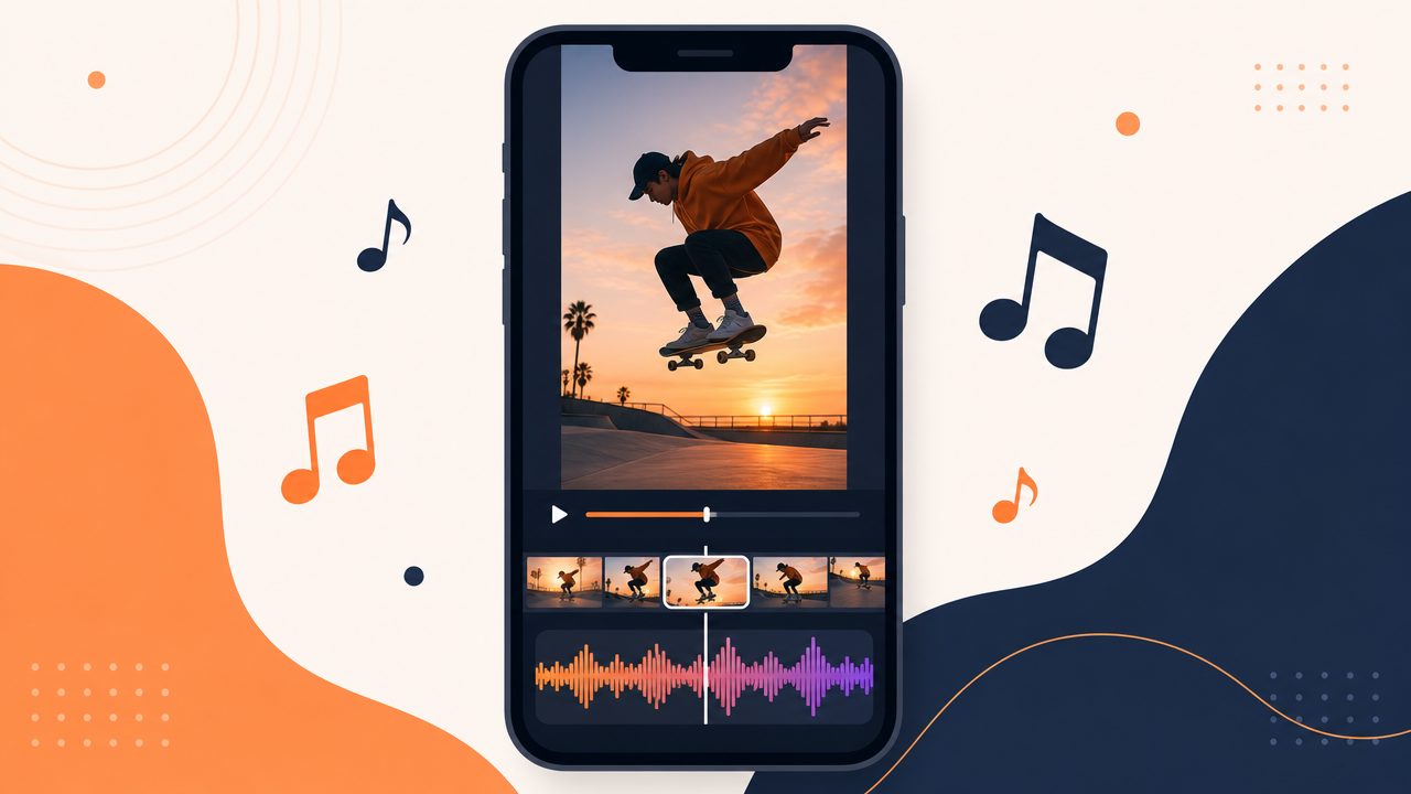 Smartphone screen showing a short-form video timeline with an audio waveform track underneath, minimal flat illustration
