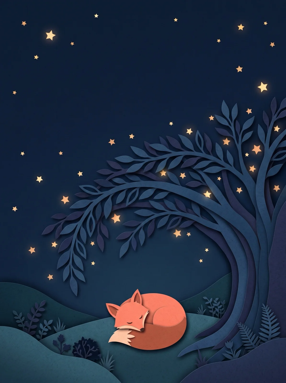 Nano Banana 2.1: a small sleeping paper fox under a blue tree in a full night scene with glowing stars and hills