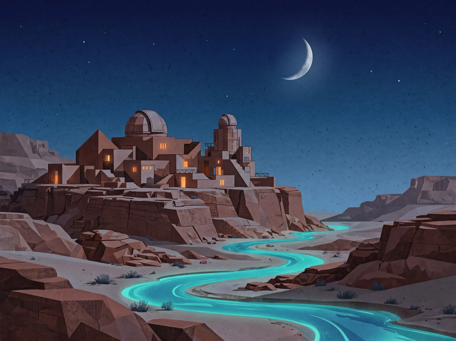 Nano Banana 2.1 edit: the observatory at night under a crescent moon with sparse stars and small amber windows