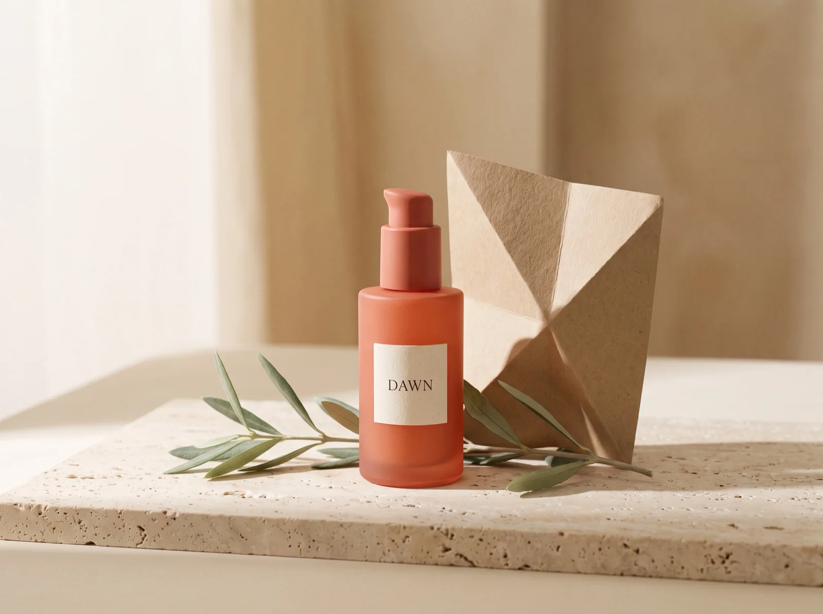 Nano Banana 2.1: a coral pump bottle labeled DAWN in front of an upright origami-like paper panel, olive branch across a travertine slab