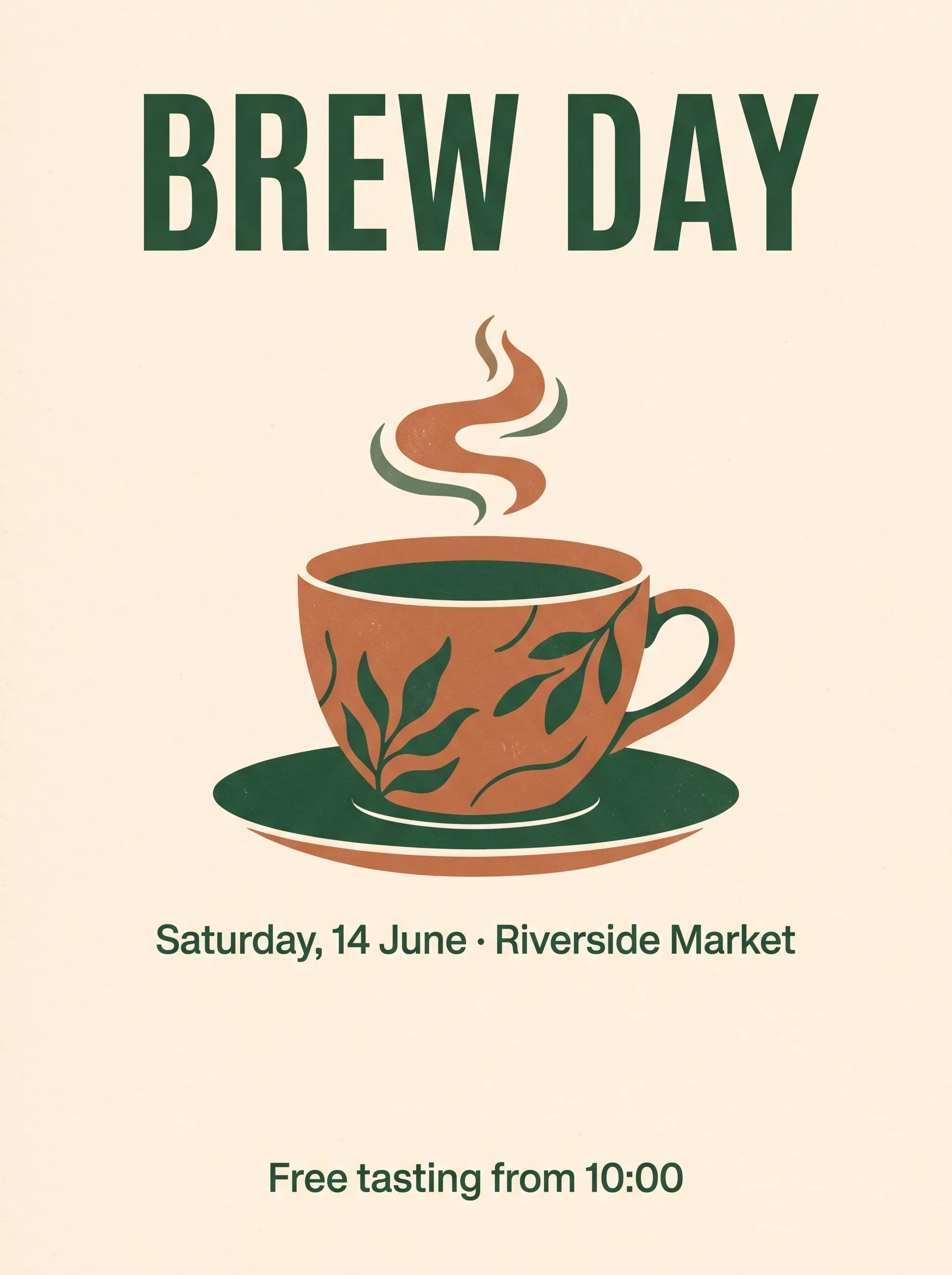 Nano Banana 2.1 vertical coffee-festival poster with the headline BREW DAY, a date and venue line, and a tasting-time footer