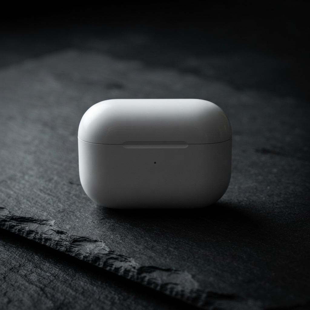 Earbuds case restaged on dark slate with dramatic lighting, from the same reference image