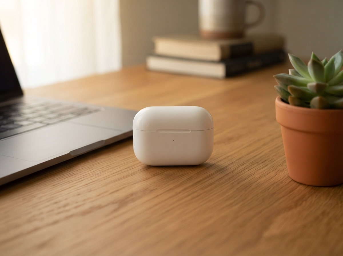 Earbuds case restaged on a wooden desk with laptop and plant, from one reference image