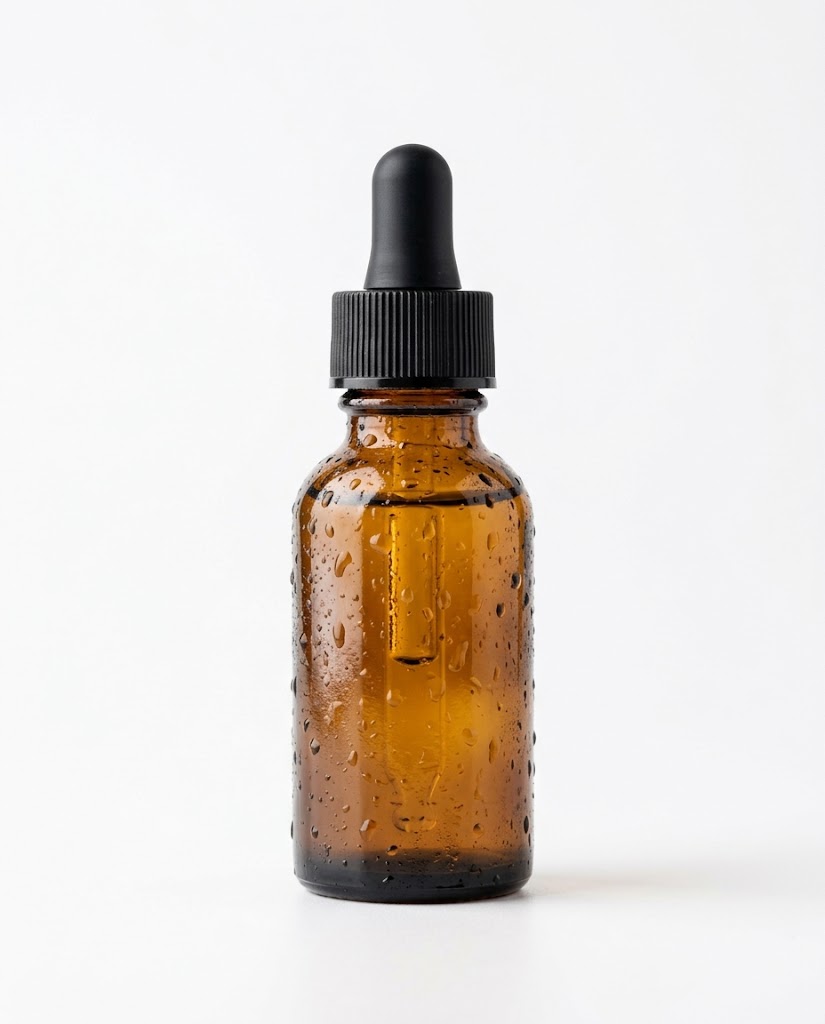 Amber glass serum bottle on white background, Nano-Banana-2-Lite output