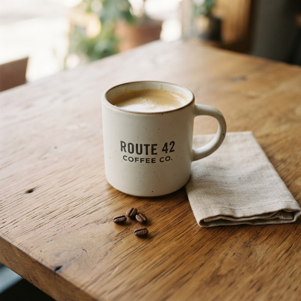 Nano Banana 2 Lite: the same mug and label, softer wood grain behind it