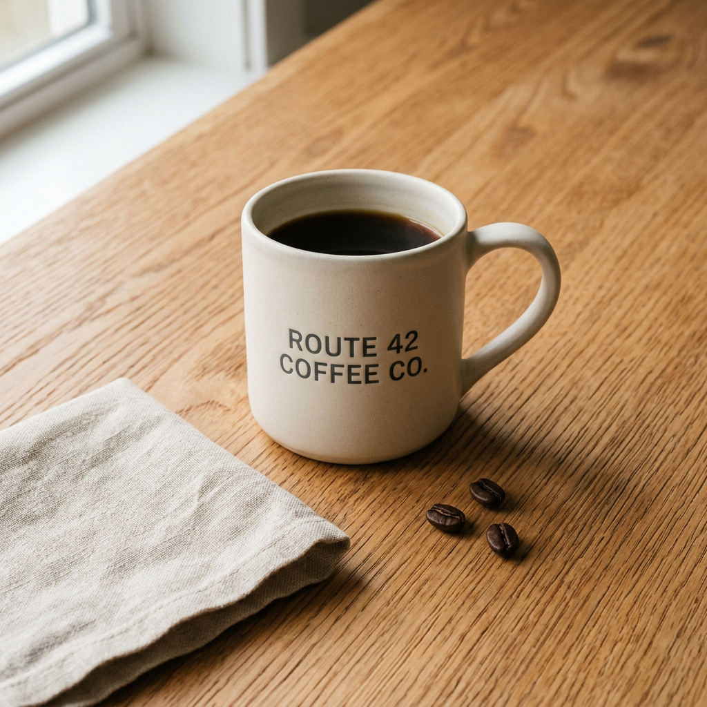 Nano Banana 2: a ceramic mug with the two-line Route 42 Coffee Co. label on a wood table, crisp grain