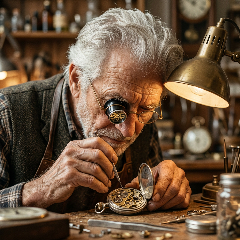Nano Banana 2: a watchmaker portrait with coherent gear teeth and a clear loupe reflection