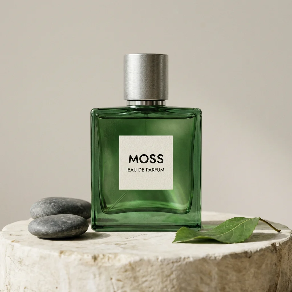 Nano Banana 2 still life of a green glass perfume bottle with a silver cap and a cream label reading MOSS and EAU DE PARFUM, two gray stones on the left and a green leaf on the right