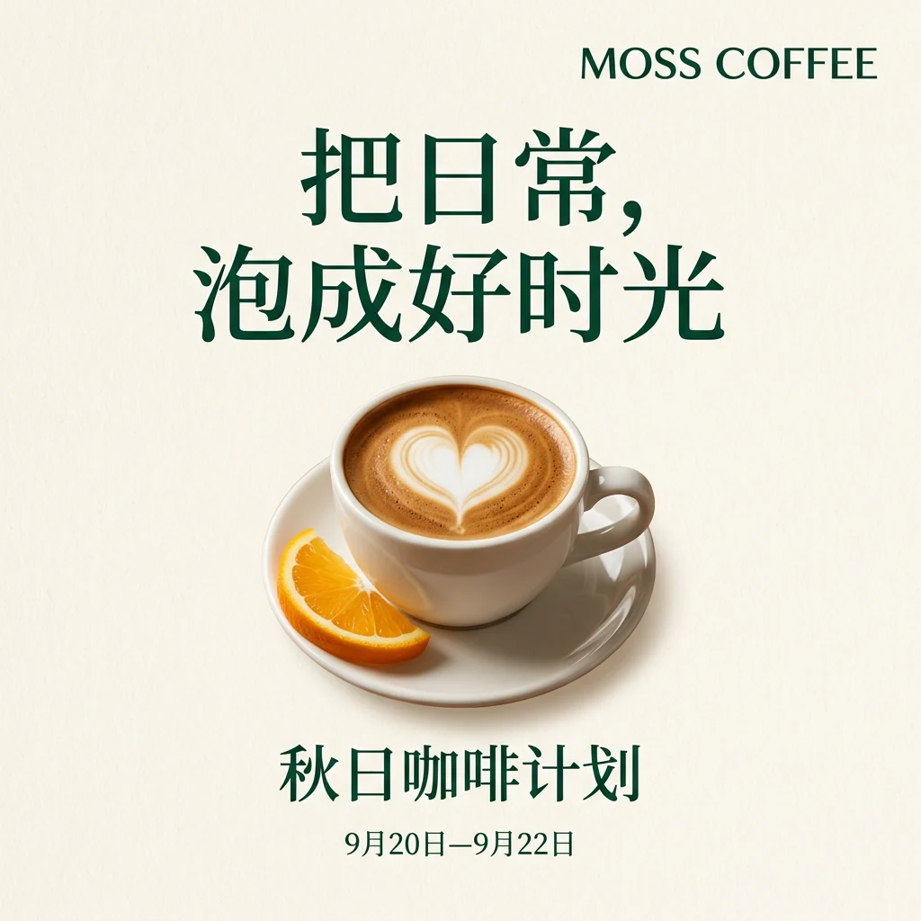 Nano Banana 2 Chinese-language coffee poster with a latte-art cup, a half-moon orange slice on the saucer, a headline, a subtitle, dates and the MOSS COFFEE wordmark