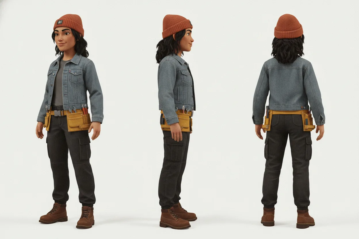 A character model sheet on a white studio background showing Mira from three angles — three-quarter front-left, full right profile, three-quarter back — same rust-orange beanie, denim jacket, yellow toolbelt, dark cargo trousers and brown boots in every view
