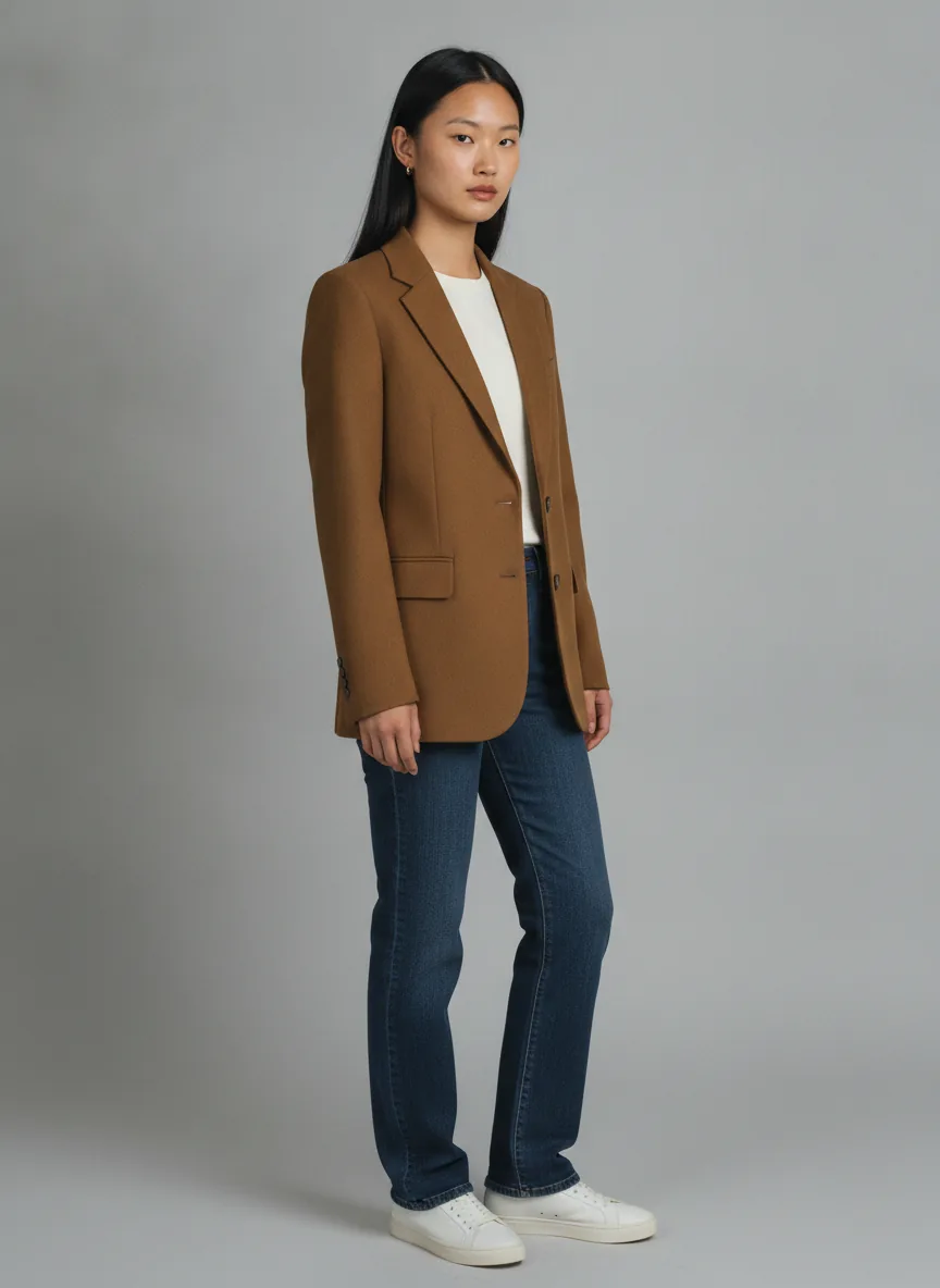 Three-quarter angle e-commerce shot of Aria from her right side, wearing the same rust-toned blazer, ivory t-shirt, indigo jeans, and white sneakers, standing relaxed on the same light grey backdrop