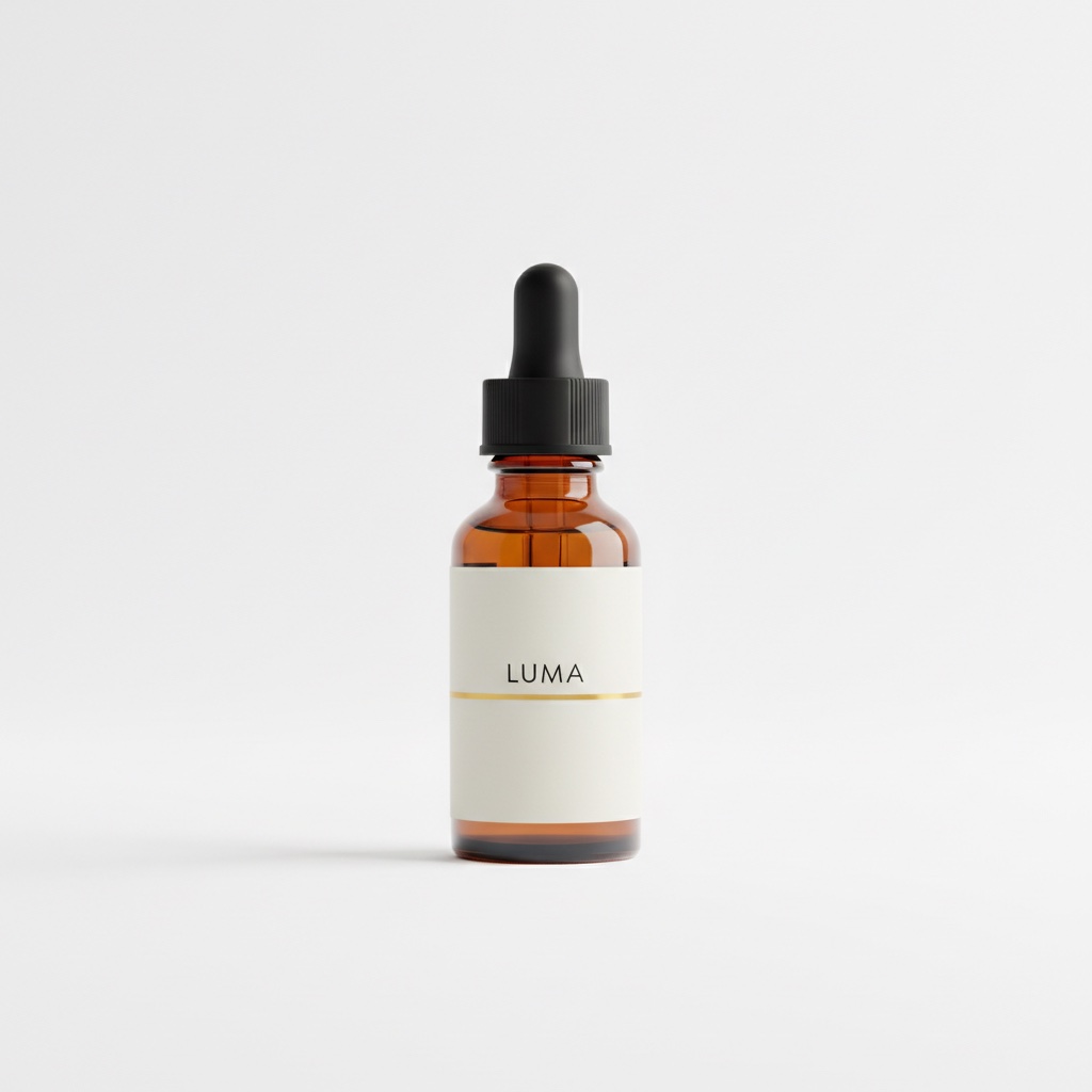 White-background listing shot of the LUMA serum bottle, generated by nano-banana