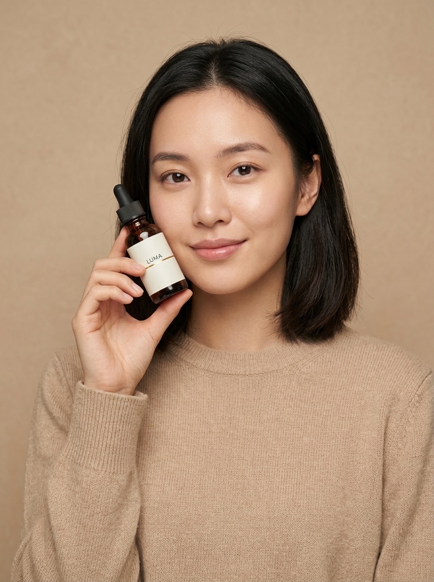 Model shot: woman holding the LUMA bottle, generated with the anchor as reference