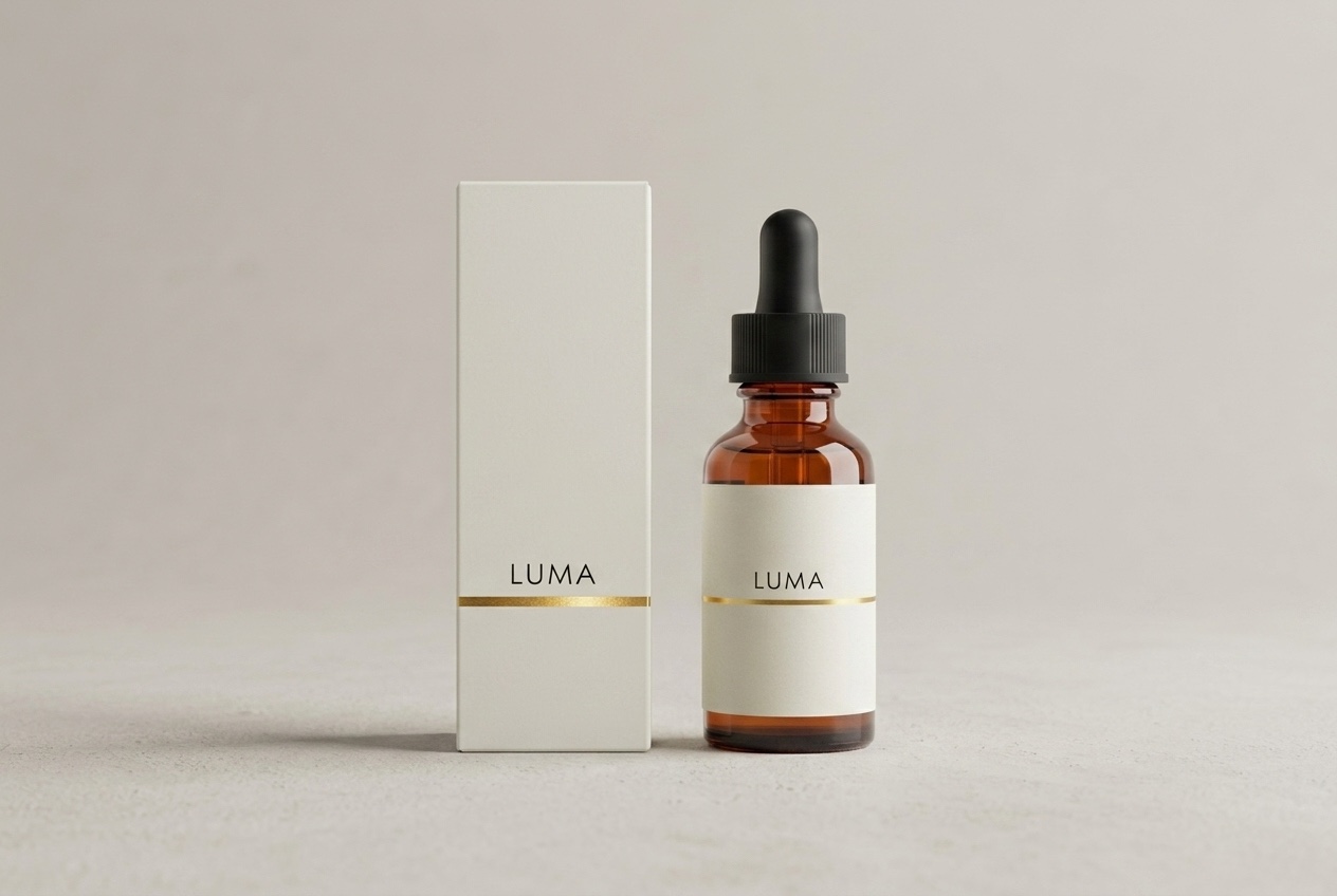 LUMA bottle with matching retail box, packaging uniform with the bottle label