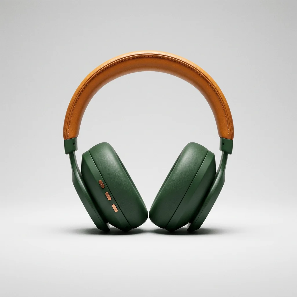 Nano Banana Pro over-ear headphones with matte forest-green earcups, an amber stitched headband and three copper buttons on the left earcup, on a pale-gray backdrop