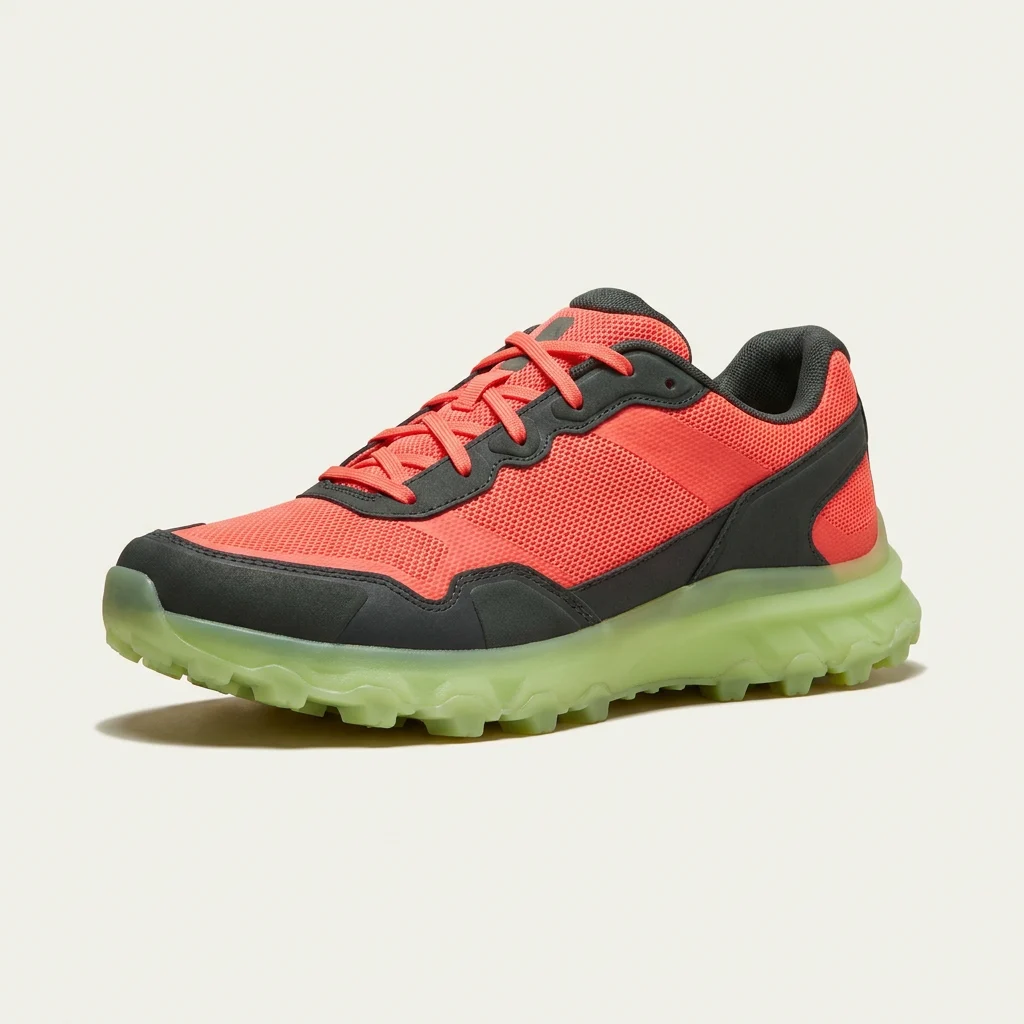Nano Banana Pro trail-running sneaker product shot, toe pointing left, with a coral mesh upper, charcoal overlays and a translucent lime lugged outsole on an off-white seamless backdrop