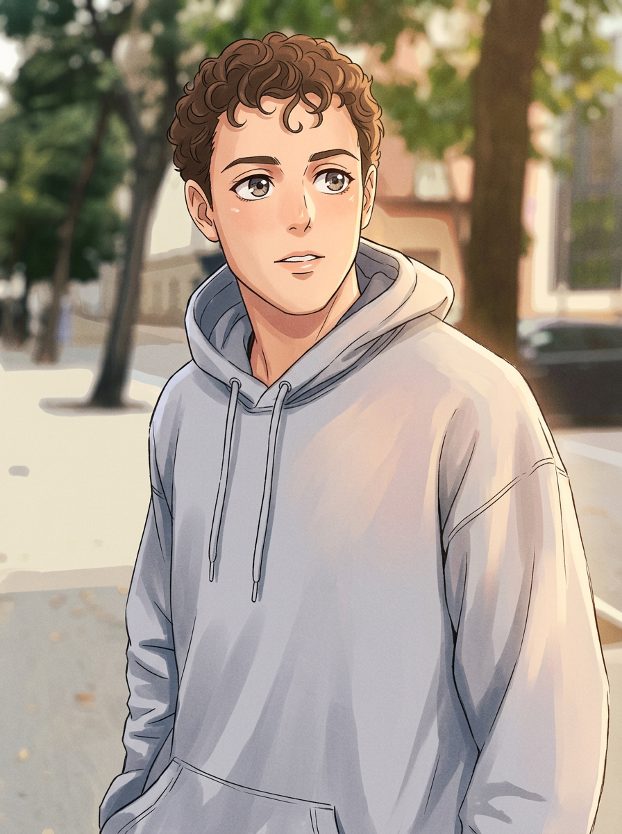 Reference photo restyled as a hand-painted Japanese anime film still with cel-shaded skin and expressive eyes
