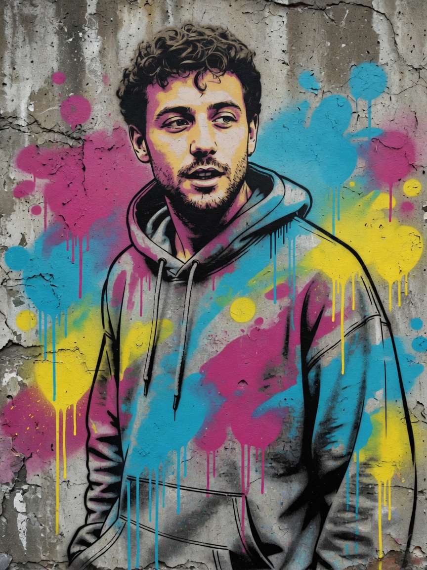 Reference photo restyled as a spray-painted graffiti mural portrait on a concrete wall