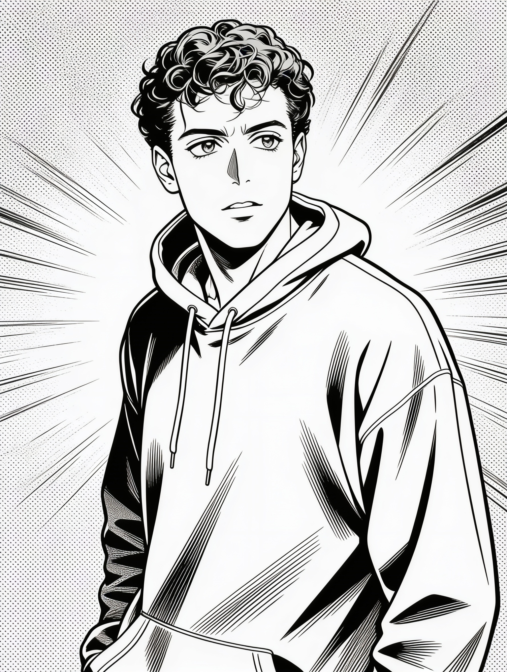 Reference photo restyled as a black-and-white manga panel with screentone shading and ink linework