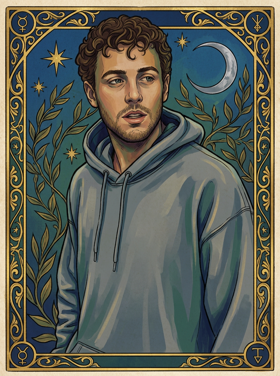 Reference photo restyled as an ornate hand-illustrated tarot card portrait with gold filigree border