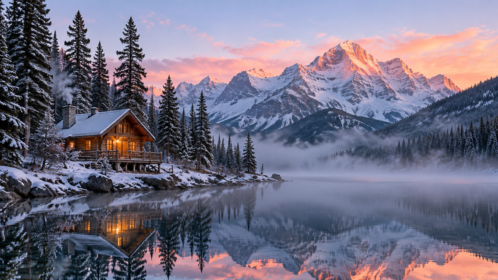 Alpine cabin first frame — the still we animate