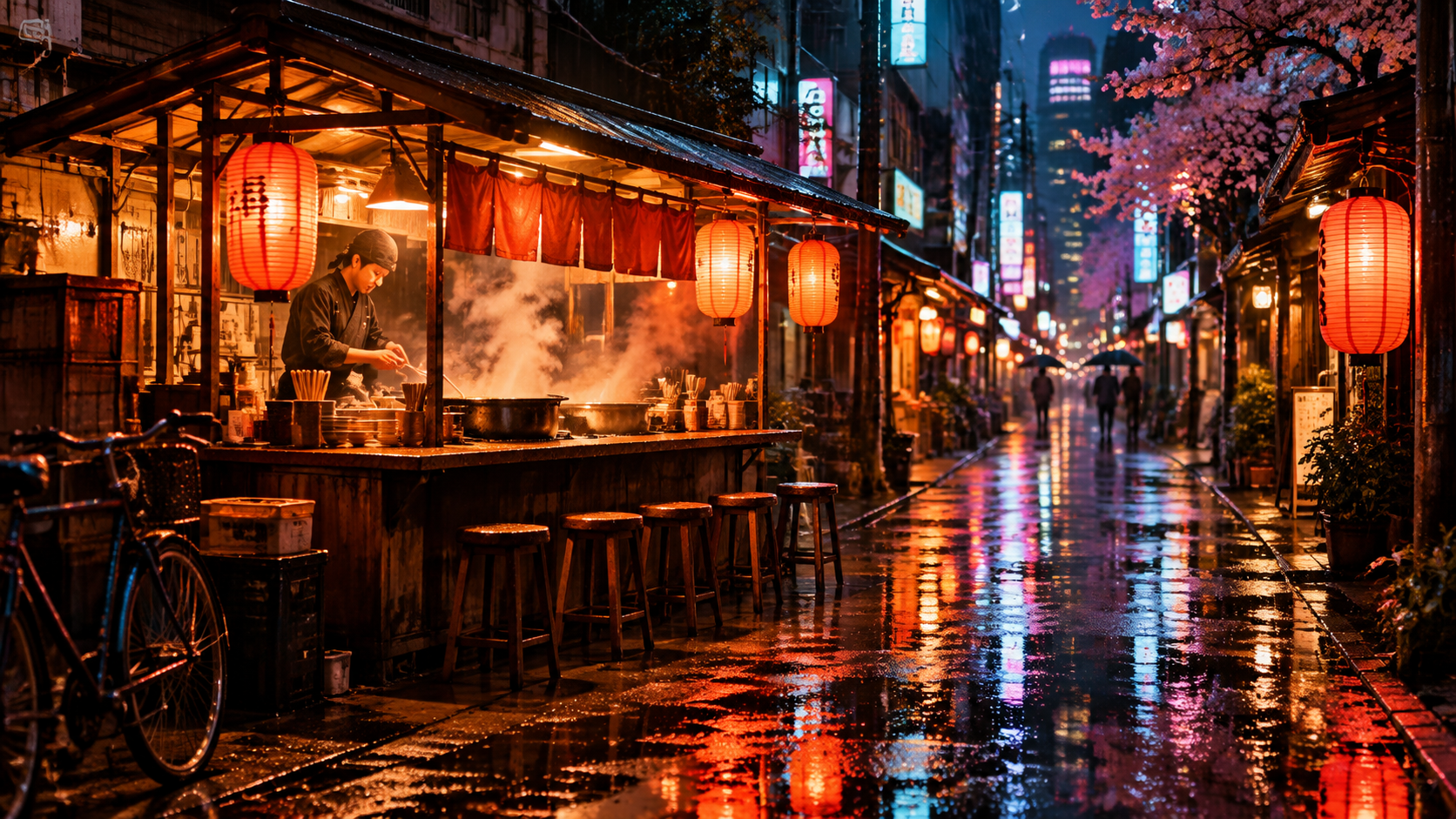Neon ramen stall first frame — a rain-slicked night street